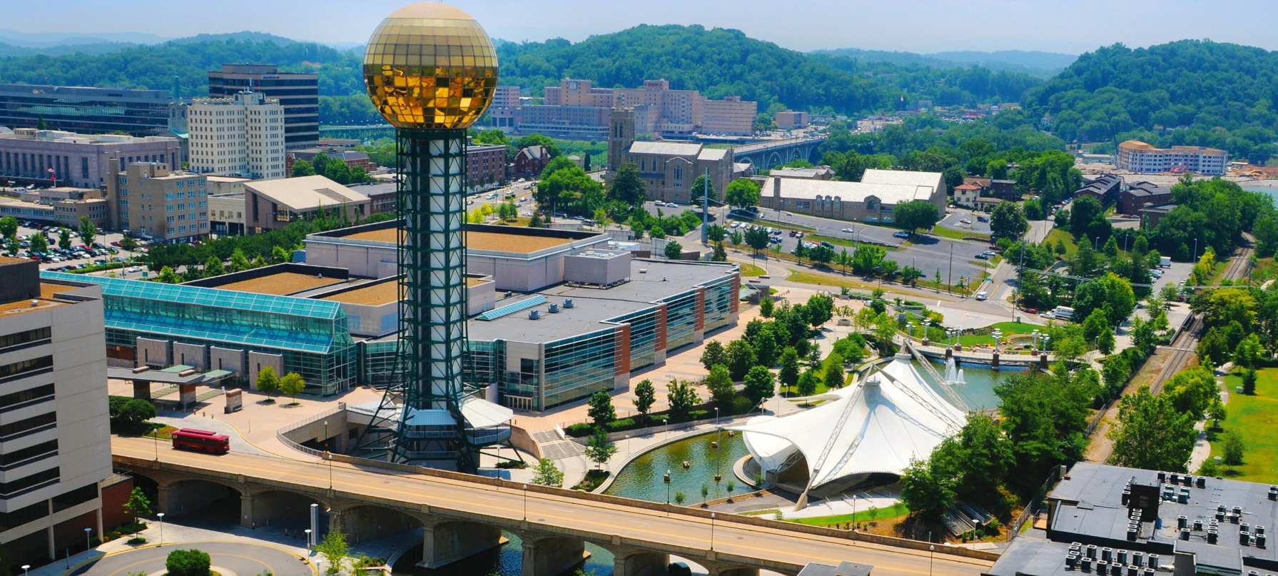 Aerial view of World's Fair Park and the Sunsphere in Knoxville, Tennessee