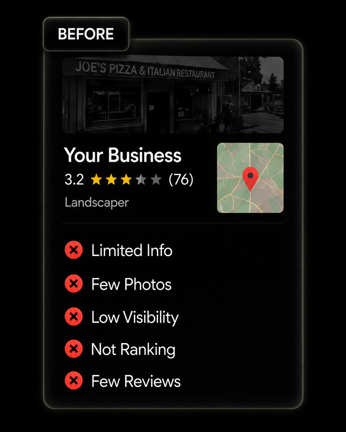 Before: an unoptimized Google Business Profile with limited info, few photos, and low visibility