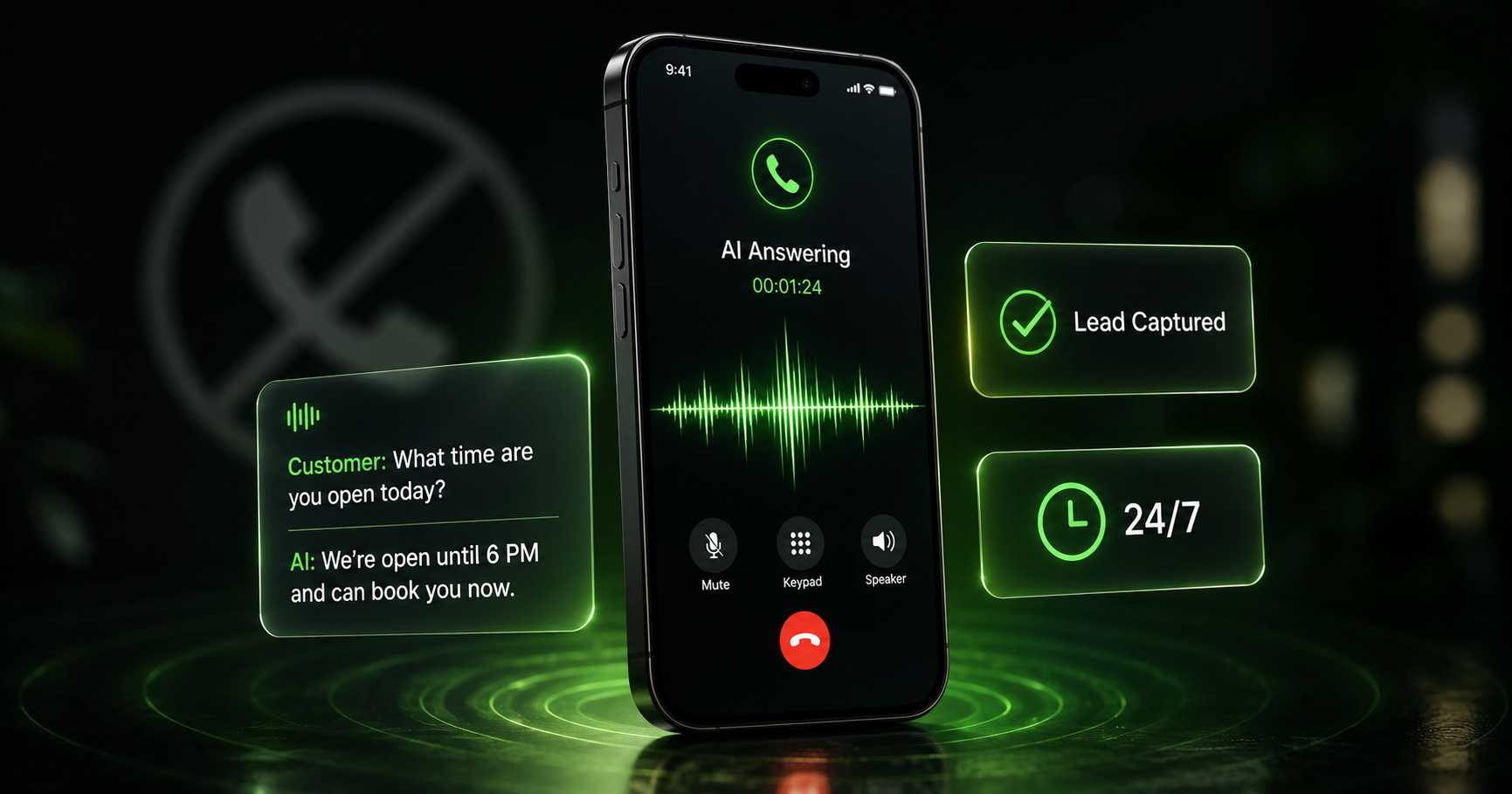 Illustration of a smartphone answering a call with a live transcript and lead captured notification