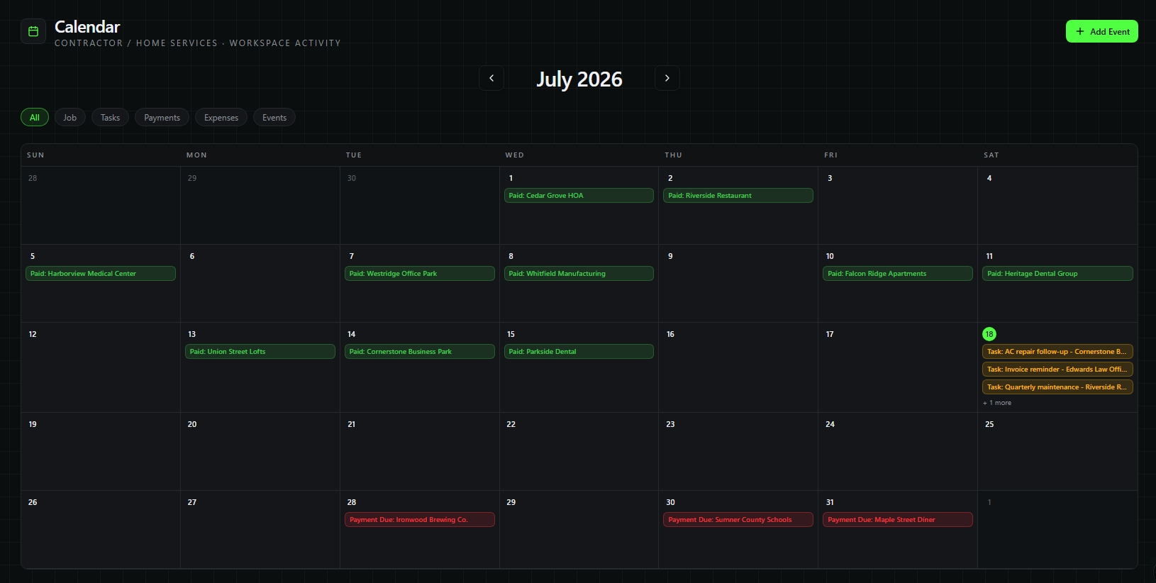 Command Center calendar view with jobs, payments, and tasks.