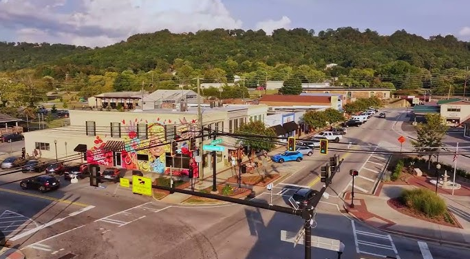 Aerial view of downtown Ringgold, Georgia with colorful street art and local traffic
