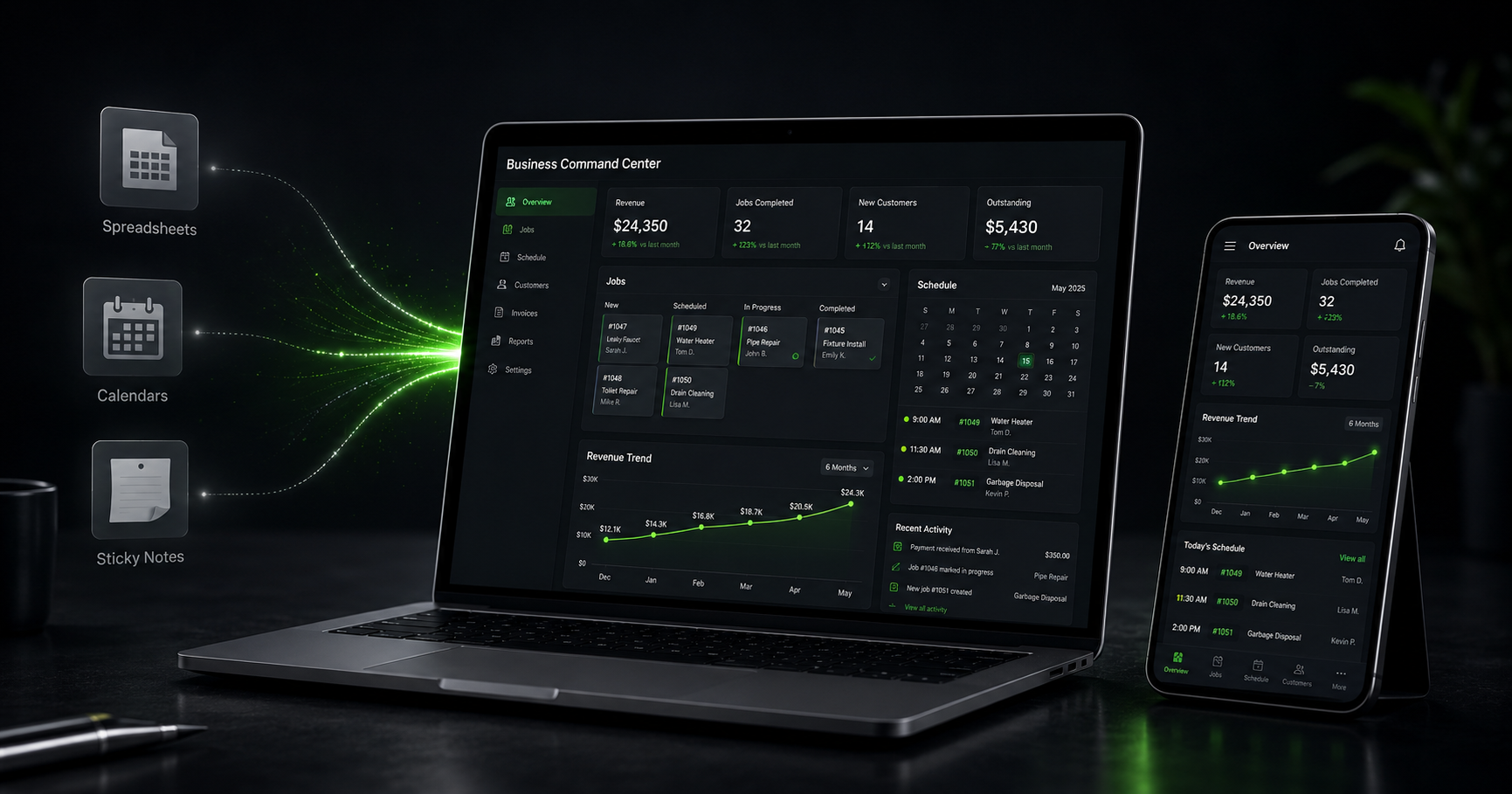Illustration of scattered spreadsheets and sticky notes flowing into one connected business dashboard