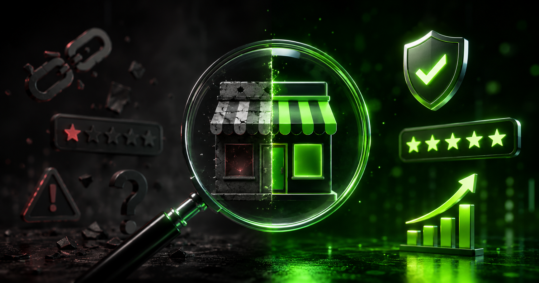 Illustration of a magnifying glass revealing a broken storefront transforming into a glowing, optimized one