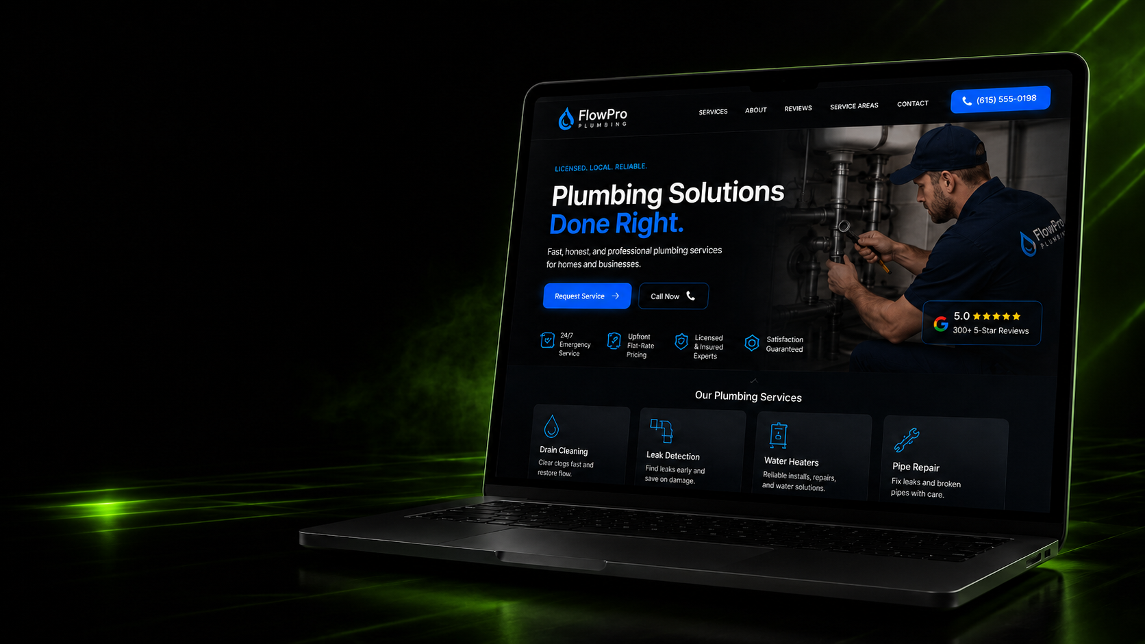 Example HighRanx-built plumbing website displayed on a laptop