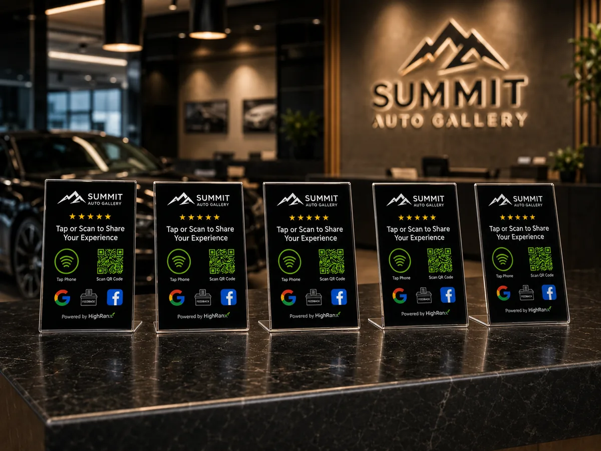 Custom branded Smart Plax units displayed in a premium auto showroom