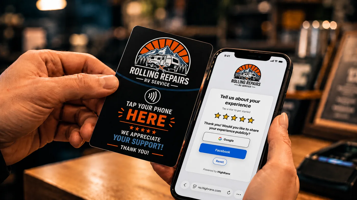 Customer tapping phone on a HighRanx Smart Tap Card™ to leave a review